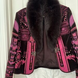 Embroidered Velvet Jacket with Fur Trim - Pink & Brown